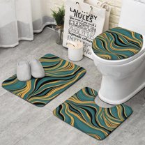 Teal Gold Marble Pattern Bathroom Rugs Sets 3 Piece,Toilet Cover Set,Absorbent Non Slip Bathroom Mats Sets with U-Shaped Contour Rug Toilet Rug Set
