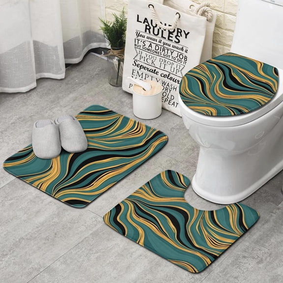 Teal Gold Marble Pattern Bathroom Rugs Sets 3 Piece,Toilet Cover Set,Absorbent Non Slip Bathroom Mats Sets with U-Shaped Contour Rug Toilet Rug Set