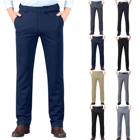 hoksml Men's Dress Pants Suit Pants Business Casual Pants Solid Color Straight Leg Pockets Zipper Work Pants Classic Fit Flat Front Chino Pants