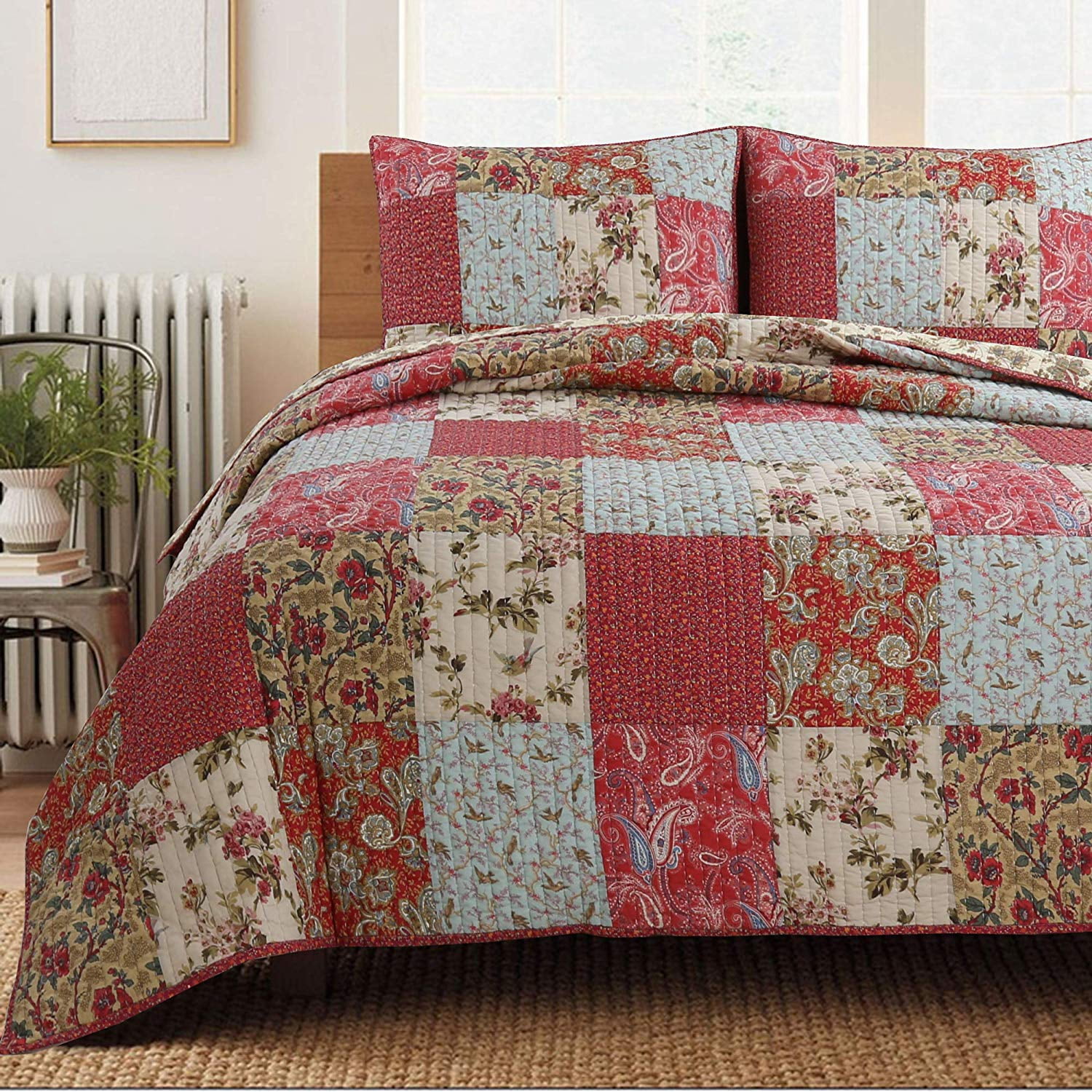 Spring Rose Floral Reversible 100%Cotton 3-Piece Quilt Set Bedspread Coverlet 