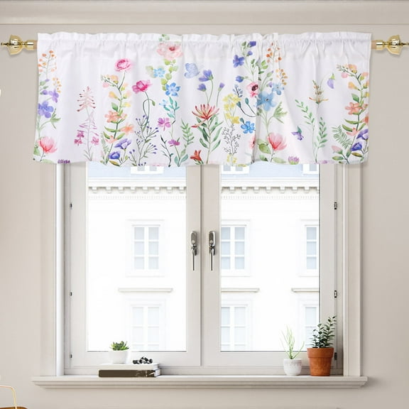 Dznils White Floral Printed Window Curtain Valance Rod Pocket, Pink, 54" x 18", 2 Pack