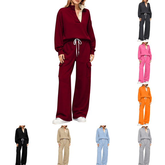 2 Piece Sets for Women Trendy Lounge Sets for Women Travel Vacation Fall Outfits for Women Button Snap Mock Sweatshirt and Wide Leg Pant Sweat Suit S