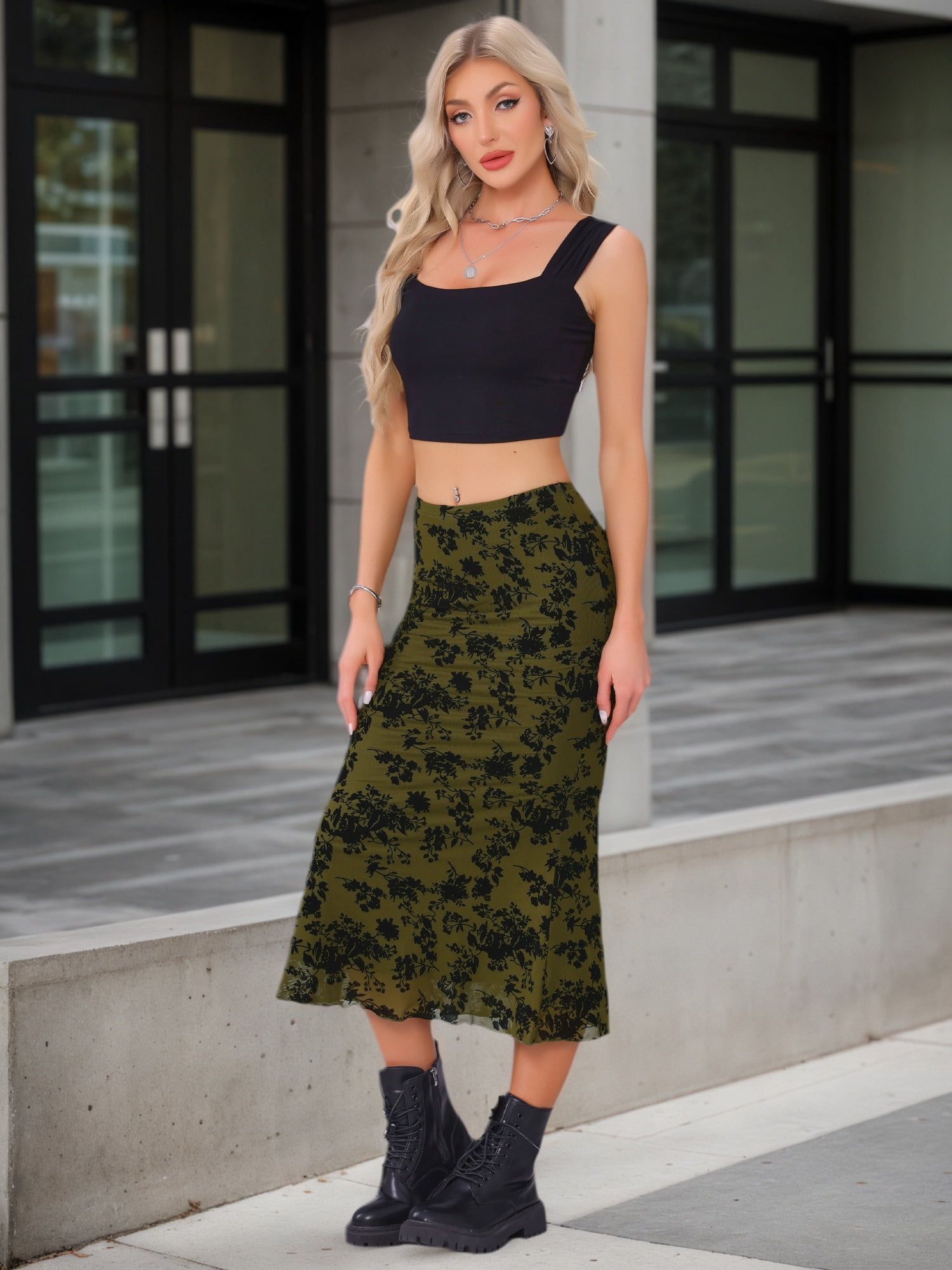 DARING DIVA Women's High Waist Bodycon Mesh Fishtail Midi Skirts L Olive Green