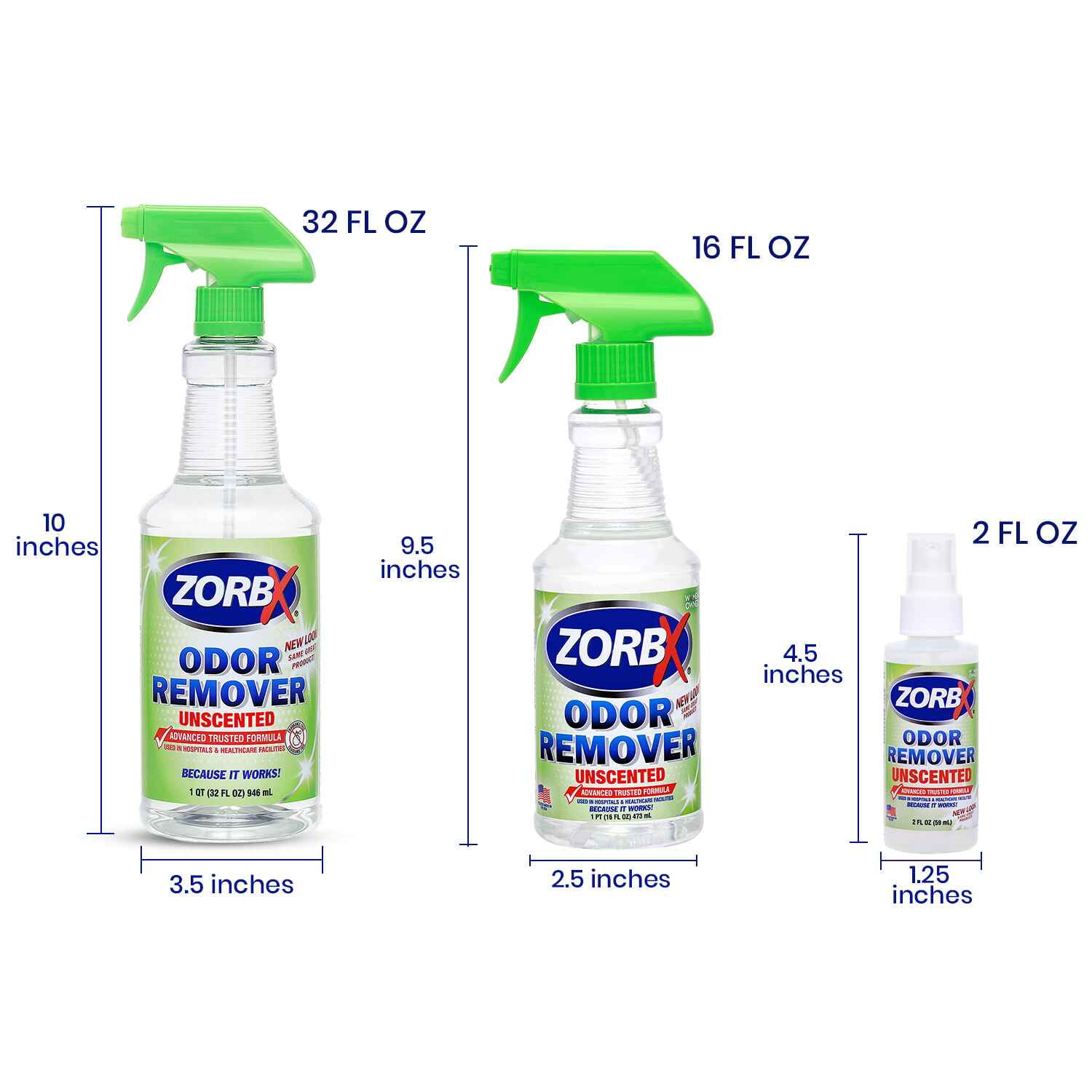 ZORBX Unscented Odor Eliminator Spray for Hospitals & Healthcare – Dog, Cat, Car & Carpet Deodorizer (2oz + 16oz + 32oz)