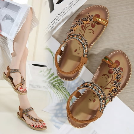 

JNGSA Flat Sandals For Women Flat Sandals Bohemian Flat Flower Rhinestone Sandals Outer Beach Sandals Silver Sandals Women