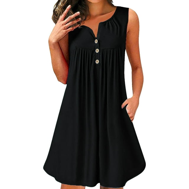 B91xZ Robes d'Été pour Femmes, Été Hiver, Décontractées, Basiques, Confortables, Sans Manches, Évasées, Mi-Longues, maxi Robe, Noir TG