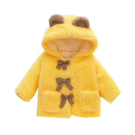 

Toddler Girls Thick Woolen Coat Winter Cute Plus Fluffy Hooded Coat Bear Ears Bow Jacket Outwear