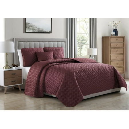 Cozy Soft Bedding Cozy Beddings Francesco Quilted Coverlet Set Soft Satin Lightweight Geometric Pattern | Burgundy ()