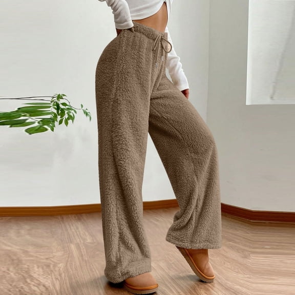 Women's Fuzzy Plush Pajama Pants Drawstring Elastic Waist Wide Leg Solid Color Pj Bottoms Lounge Pants Camel XL