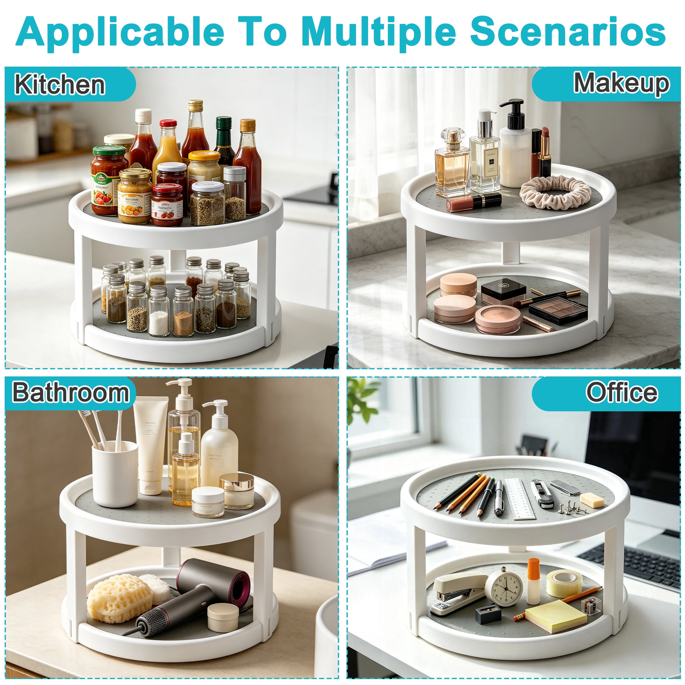 2-Tier Lazy Susan Turntable, Rotating Spice Rack, Turntable Rack for Cabinet, Non-Skid Lazy Susan Organizers for Kitchen Cabinet, Pantry and Countertop Organization
