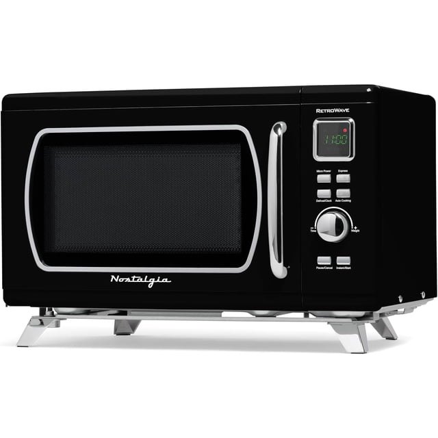 Nostalgia Four à Micro-Ondes Rétro de Comptoir Mi-Siècle - Grand 900 Watts - 0,9 Pi3 - 8 Réglages de Cuisson Préprogrammés - Horloge Numérique - Électroménagers de Cuisine - Noir