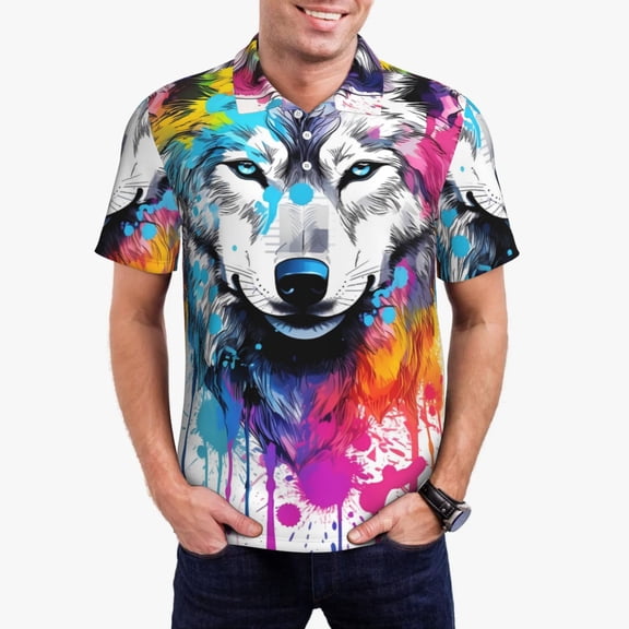 Kdxio Cool Colorful Wolf Print Men's Short Sleeve Polo Shirt,Midweight Men's Shirt
