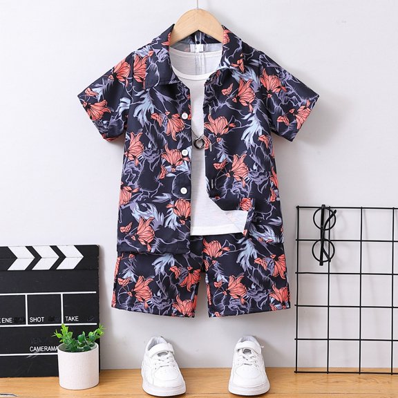 Toddler Boys Summer Outfits Casual Beach Short Sleeve Shirt Shorts Two Piece Set Size 3-4T ,Black