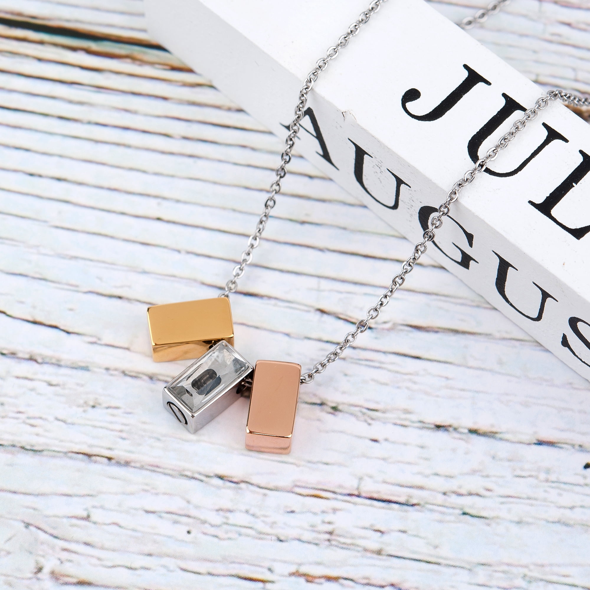 Anavia See You Cremation Necklace for Ashes, Mini See Through Urn Necklace, Mini Cube Cremation Pendant, Cremation Jewelry, Memorial Jewelry, Mini Urn w/ Multicolor Cubes-[Gold & Silver & Rose Gold]