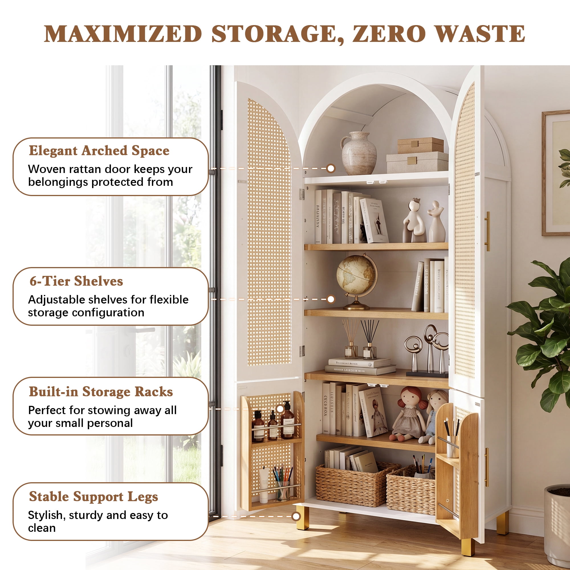 71-Inch Tall Arched Cabinet with Rattan Doors and Adjustable Shelves, Farmhouse Storage Cabinet with Built-in Racks for Kitchen, White