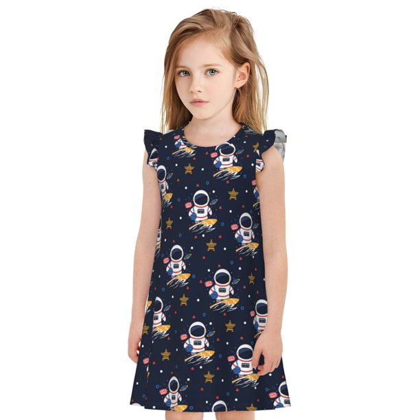 Fotbe Astronaut Surfing Vestido de Dormir para Niñas de 3 a 10 Años, Mangas Cortas, Estilo Princesa, Pijama Camisón con Mangas Voladas-Medium