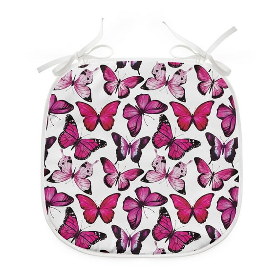 Butterfly Dining Chair Pad, Vibrant Watercolor Animals Patterns Warm Climate Creatures Spring Season, Water Resistant Pillow with Straps for Seats, 6 Pieces Set, Pink Magenta Black, by Ambesonne