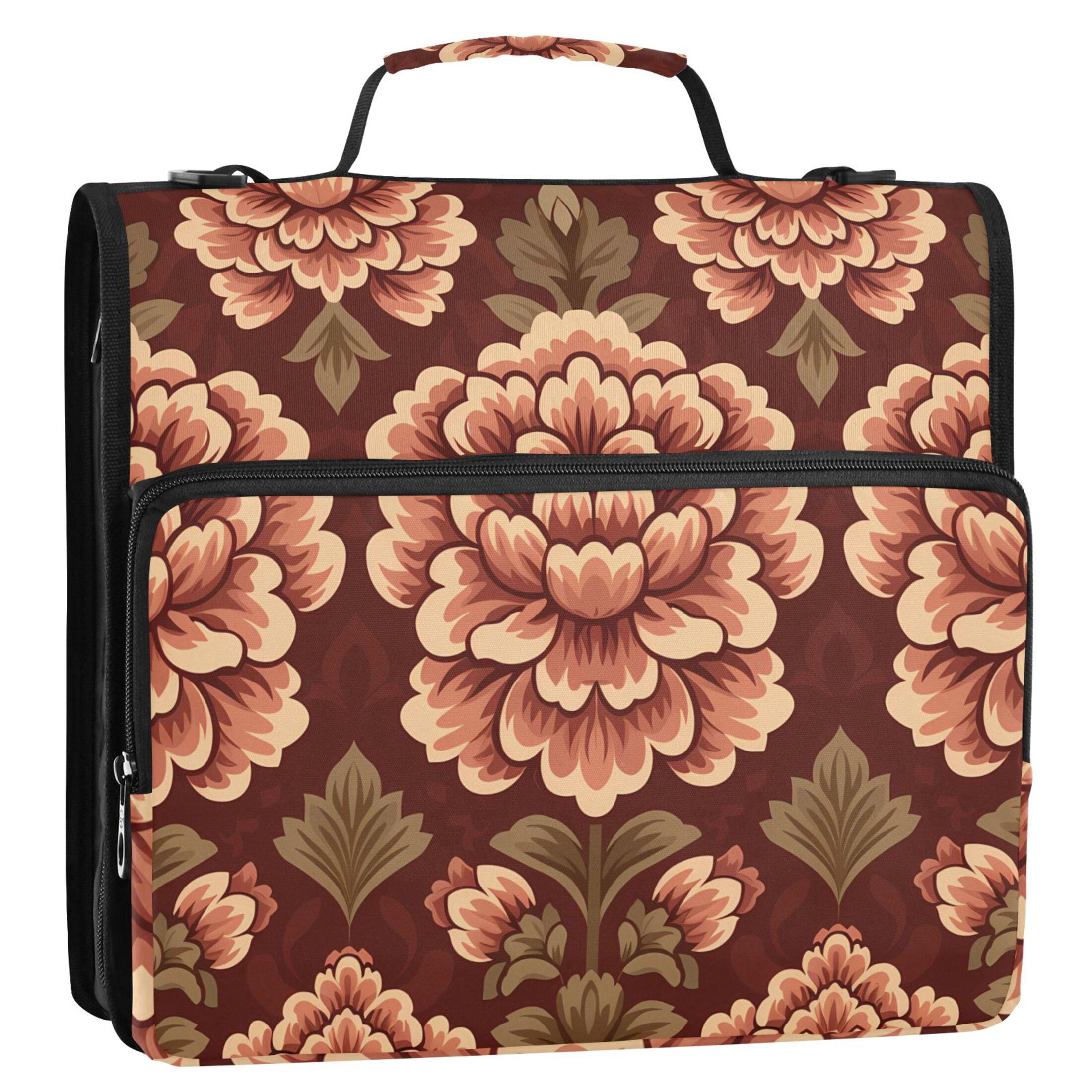 3 Ring Zipper Binder with Shoulder Strap Waterproof Trapper Keeper 2 Inch D-Ring 500 Sheets Capacity Elegant Large Flower