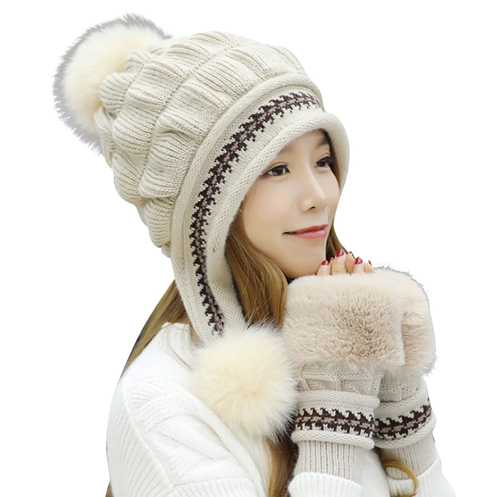 RoyalloveFashion Winter Hat Gloves Set For Women Girls Warm Pompoms