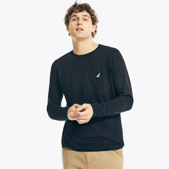 Nautica Men's Slim Fit Long Sleeve Crew Neck T-Shirt (Large, True Black)