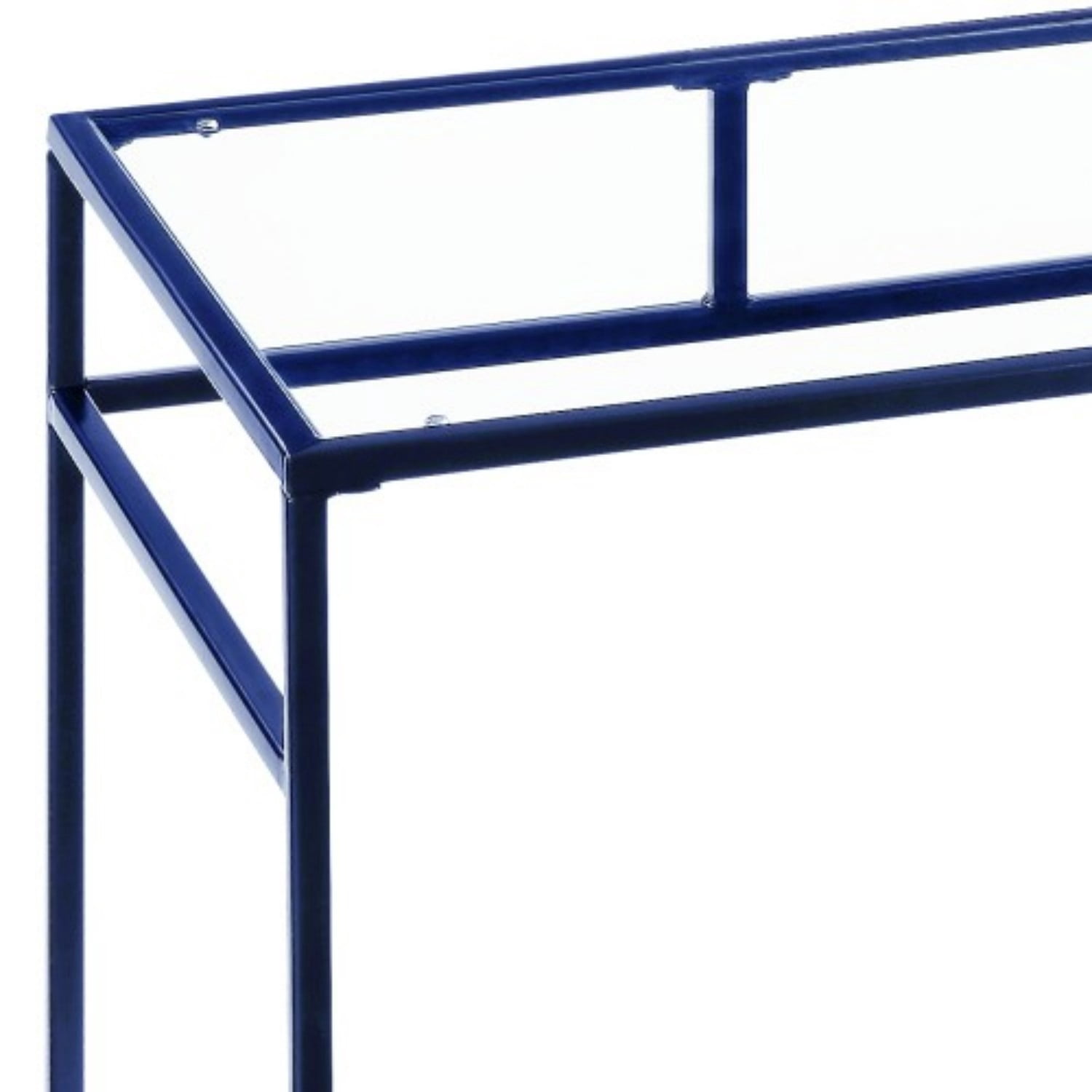 Modern Glass Top Writing Desk with Metal Frame, Blue Home Office Computer Desk with Open Shelf for Study Bedroom Workspace