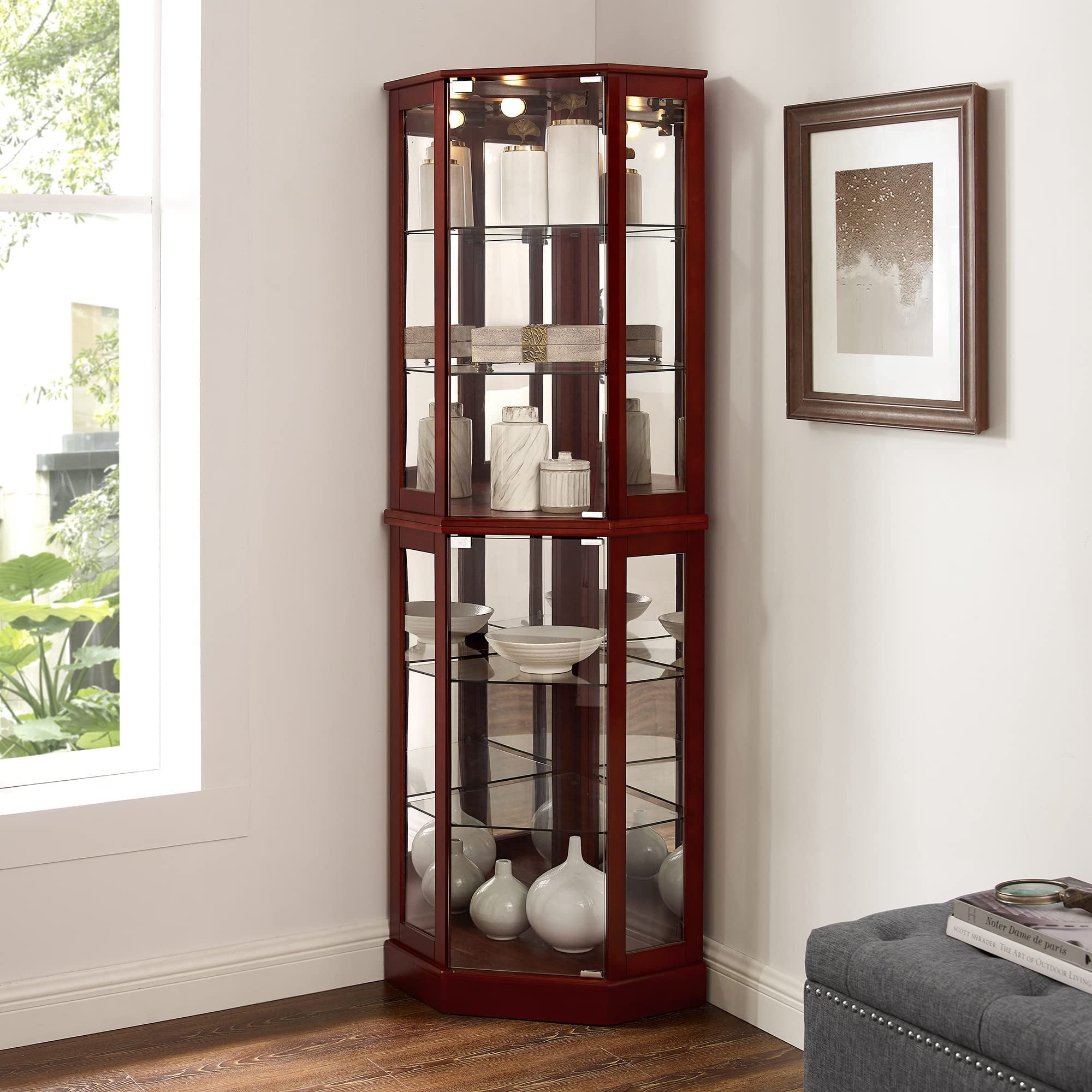 Miniyam 6 Shelf Corner Curio Display Cabinet with Lights, Glass Doors, Cherry