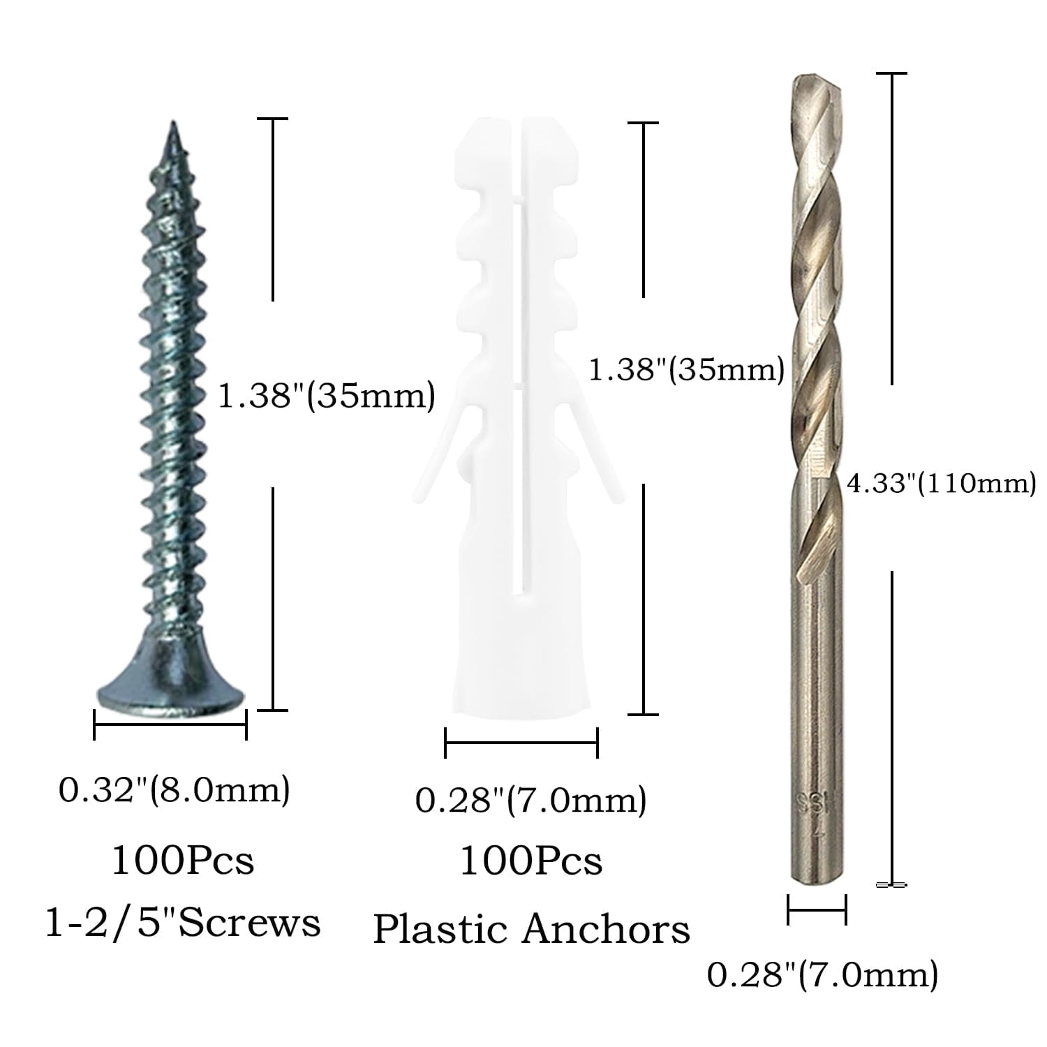 200Pcs Drywall Anchors and Screws Kit, 100Pcs Ribbed Plastic Wall Anchors with 100Pcs 1-1/5" Screws & Drill Bit, Heavy Duty Anchors for Hanging Pictures, Shelves, Home Mounting