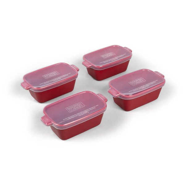 Souper Cubes Gres - Fuente para hornear pequeña de cerámica de 5" x 3" con cubiertas de silicona Fuentes para hornear pequeñas para horno, perfectas para recalentar porciones individuales, juego de 4