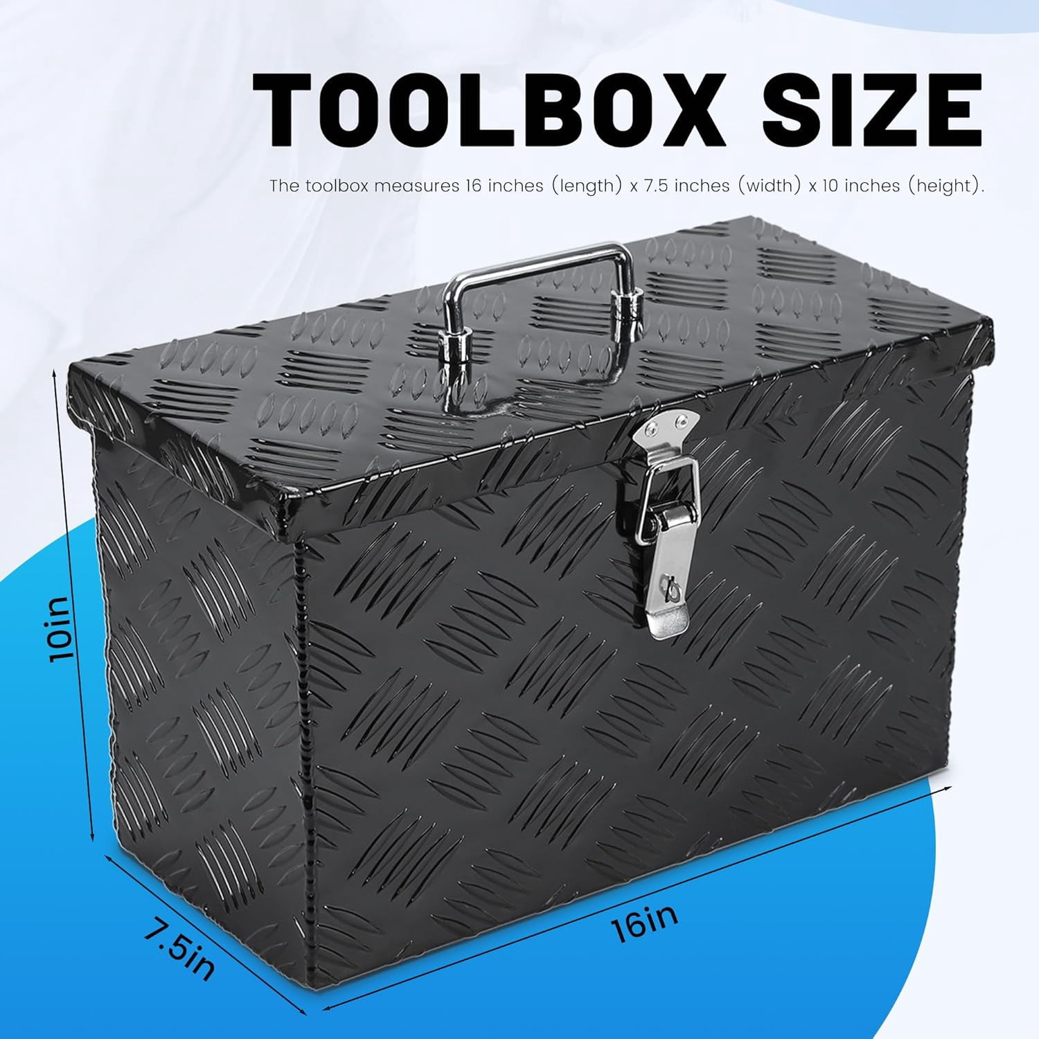 16 Inch Aluminum Truck Bed Tool Box, Stripes Plated Tool Box with Side Handle and Top Handle, Storage Toolbox Chest Organizer for Trailer, Pickup, Truck Bed, RV, 16"x7.5"x10", Black