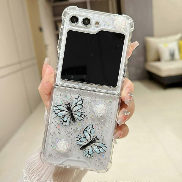 Compatible Samsung Galaxy Flip 6 Case Clear Glitter Butterfly, Glitter Sparkly Butterfly Design Slim ABS Sparkle Glitter Shockproof Phone Protective C