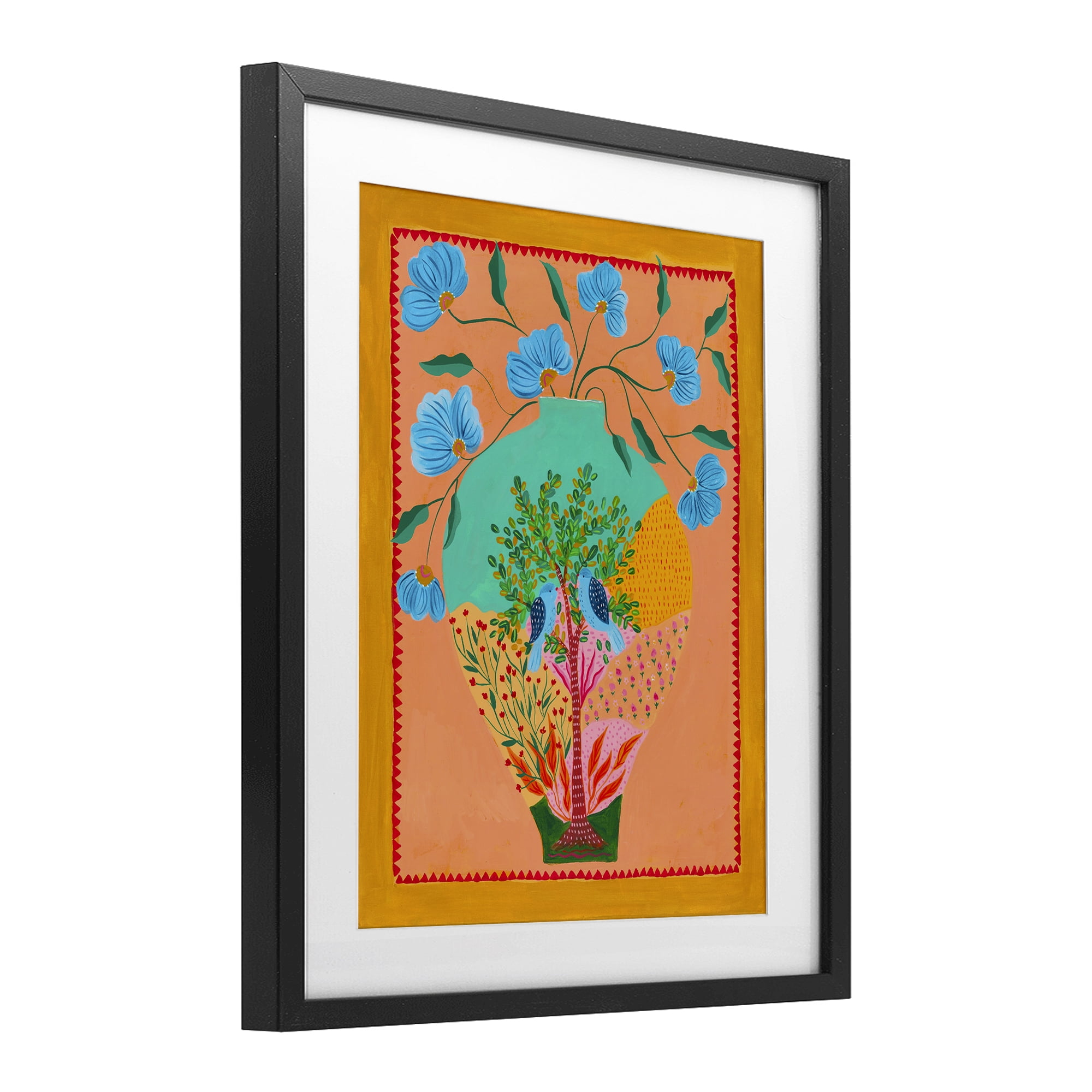 Bluebirds & Boho Flower Vase Black Framed Print Under Glass, design by Nabeela Rumi