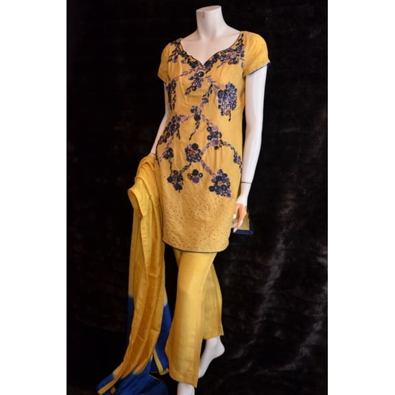 100% Silk Yellow Purple Pakistani Indian Shalwar Kameez Hand Embellished M New