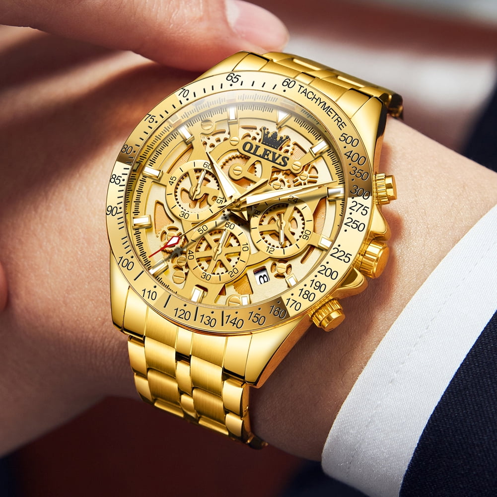 OLEVS Watches for Men Waterproof Luxury Dress Analog Quartz Chronograph Fashion Gold Plated Stainless Steel Luminous Date Classic Mens Wrist Watches Reloj Para Hombre Gold/White/Black Dial
