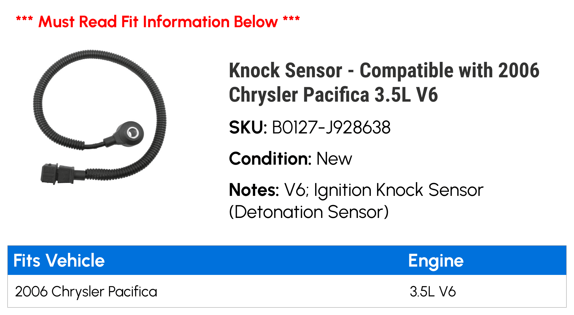 Knock Sensor - Compatible with 2006 Chrysler Pacifica 3.5L V6
