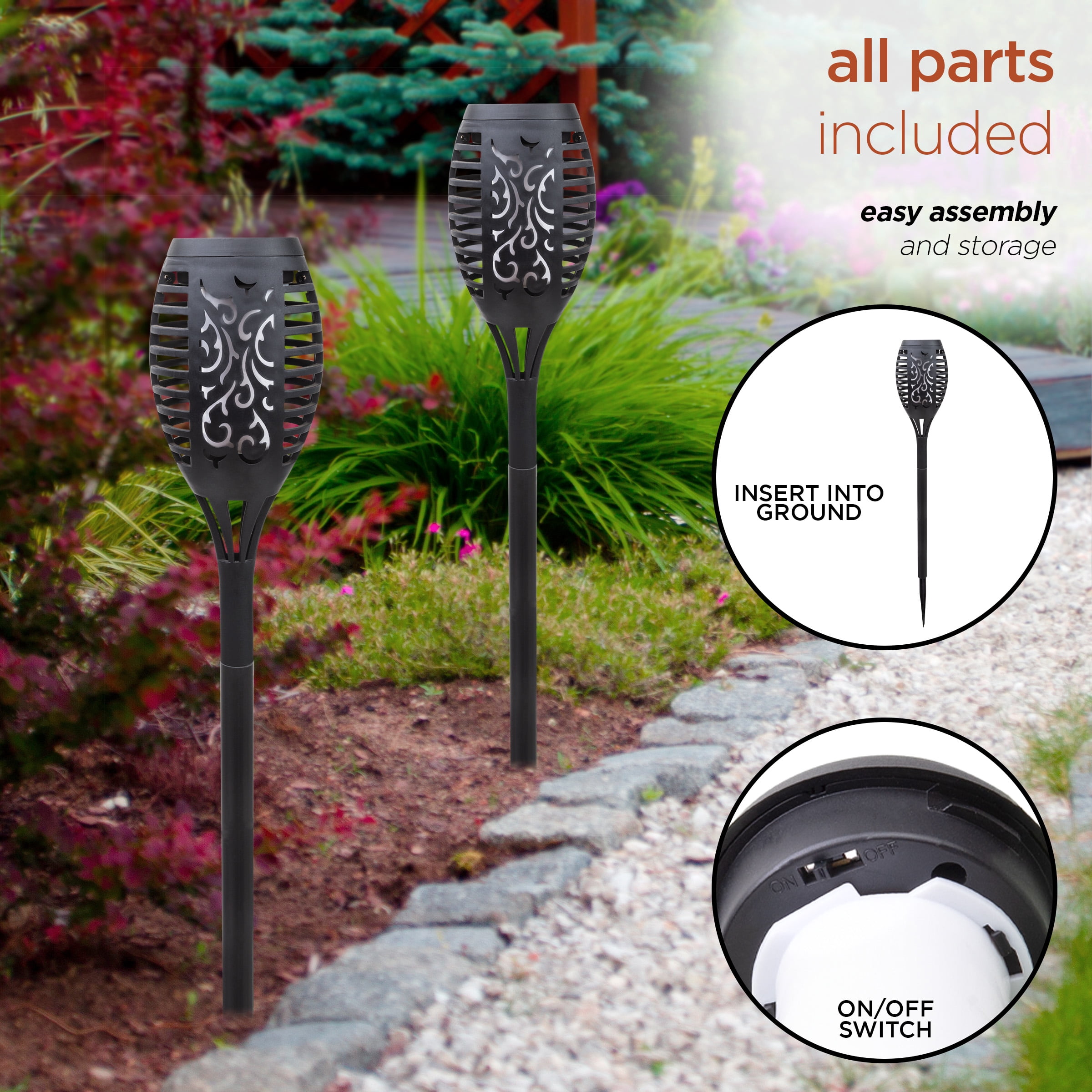 Alpine Corporation 20" Outdoor Solar Torch Flame LED Light Pathway Stake, Black (Set of 6)