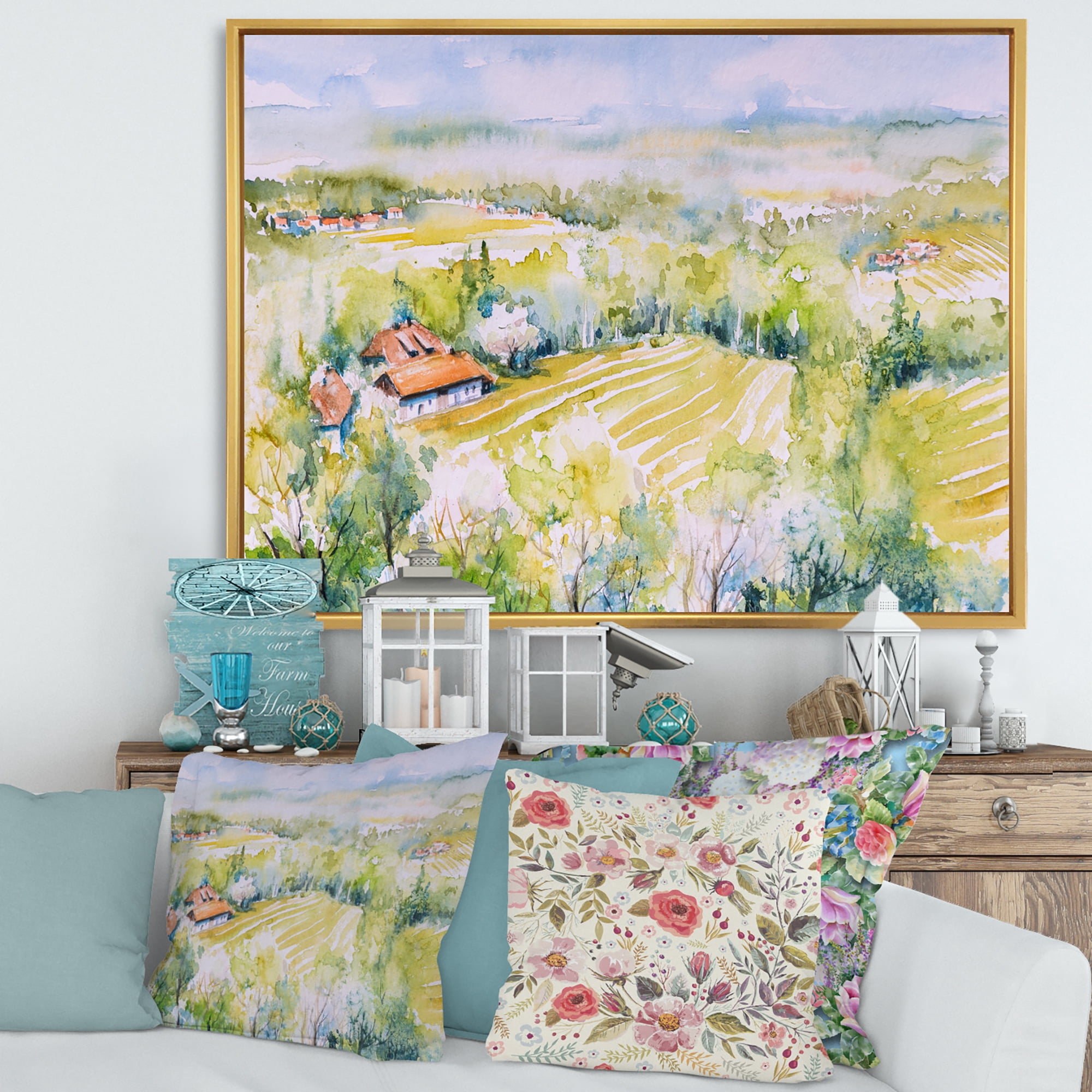 Designart 'Abstract Blossoming Green Fields In Countryside ' Country Framed Canvas Wall Art Print