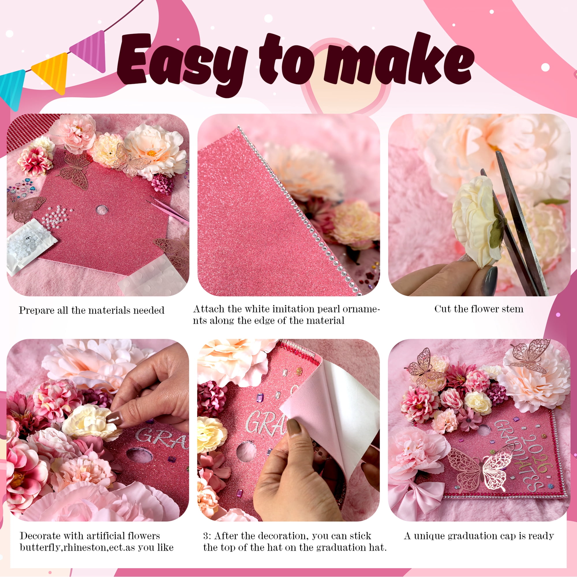 2026 Graduation Cap Decorations Kit, 56 Pcs DIY Grad Cap Topper Set with Artificial Flowers, Bow, 3D Butterflies, Glitter Letters, Rhinestones for High School College Graduation