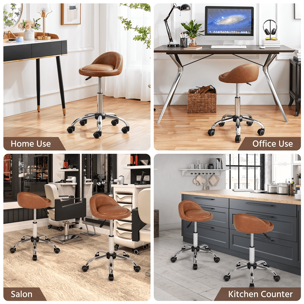 Alden Design Modern PU Leather Rolling Salon Stool with 5 Castors for Spa Massage Manicure, Brown