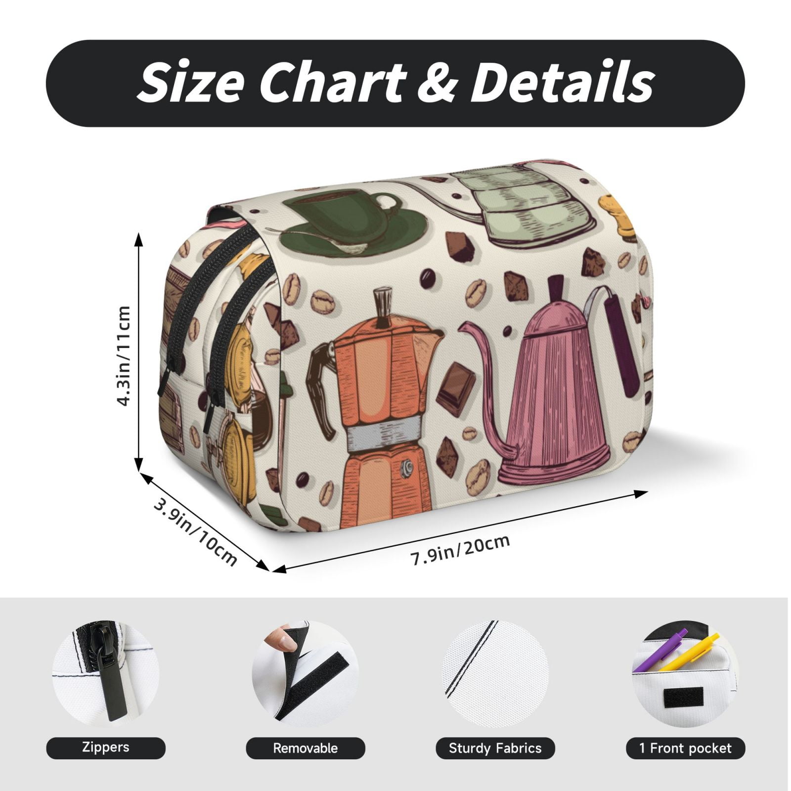 Rateoe Vintage Coffee Pattern Double Clamshell Pen Case, Storage Organizer with Two Zipper Compartments– Holds Up to 50 Pencils & Pens