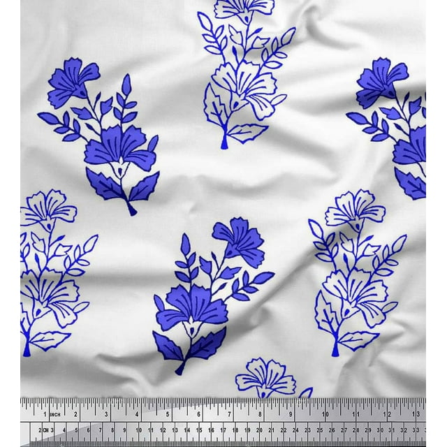 Soimoi Crepe Silk Fabric Leaves & Floral Block Printed Fabric 1 Yard 42 Inch Wide