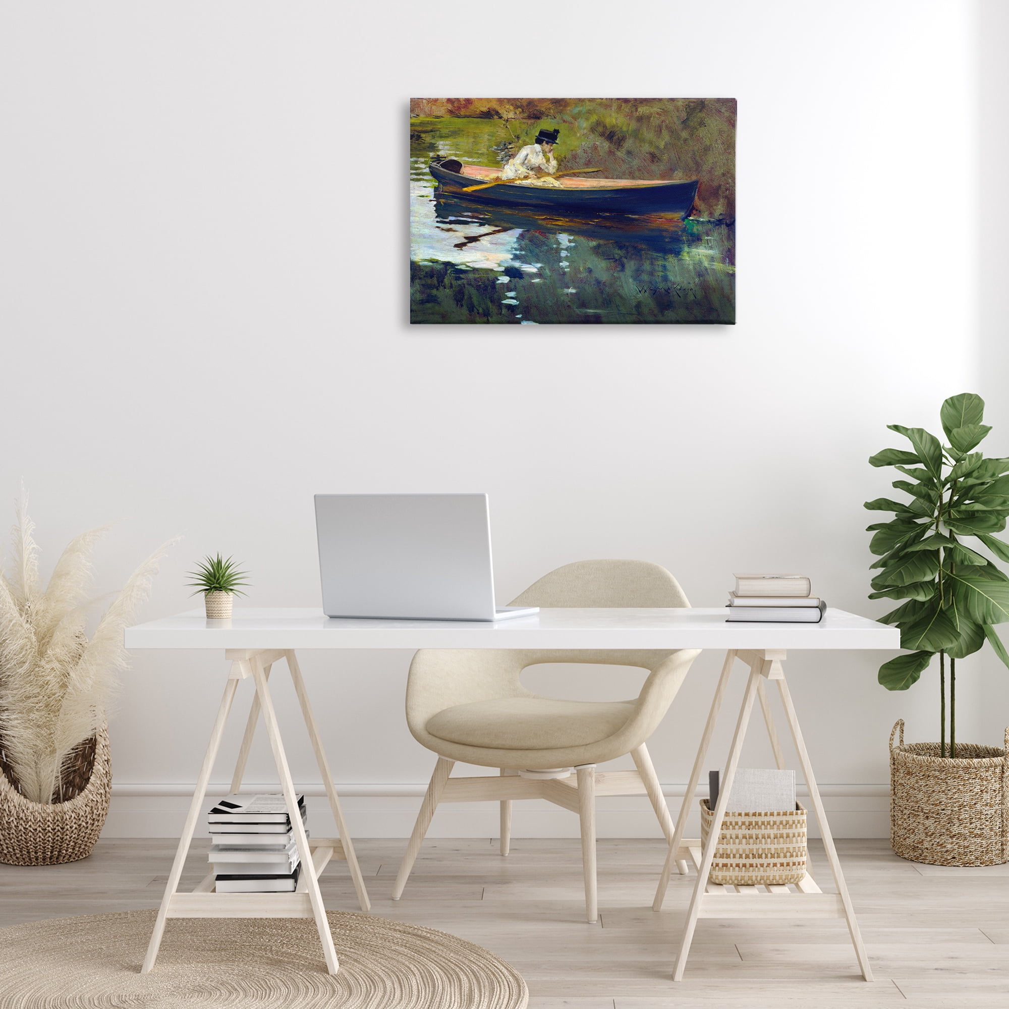Stupell Industries Thoughtful Woman on Canoe Novelty Painting Gallery Wrapped Canvas Art Print Wall Art, 30 x 20