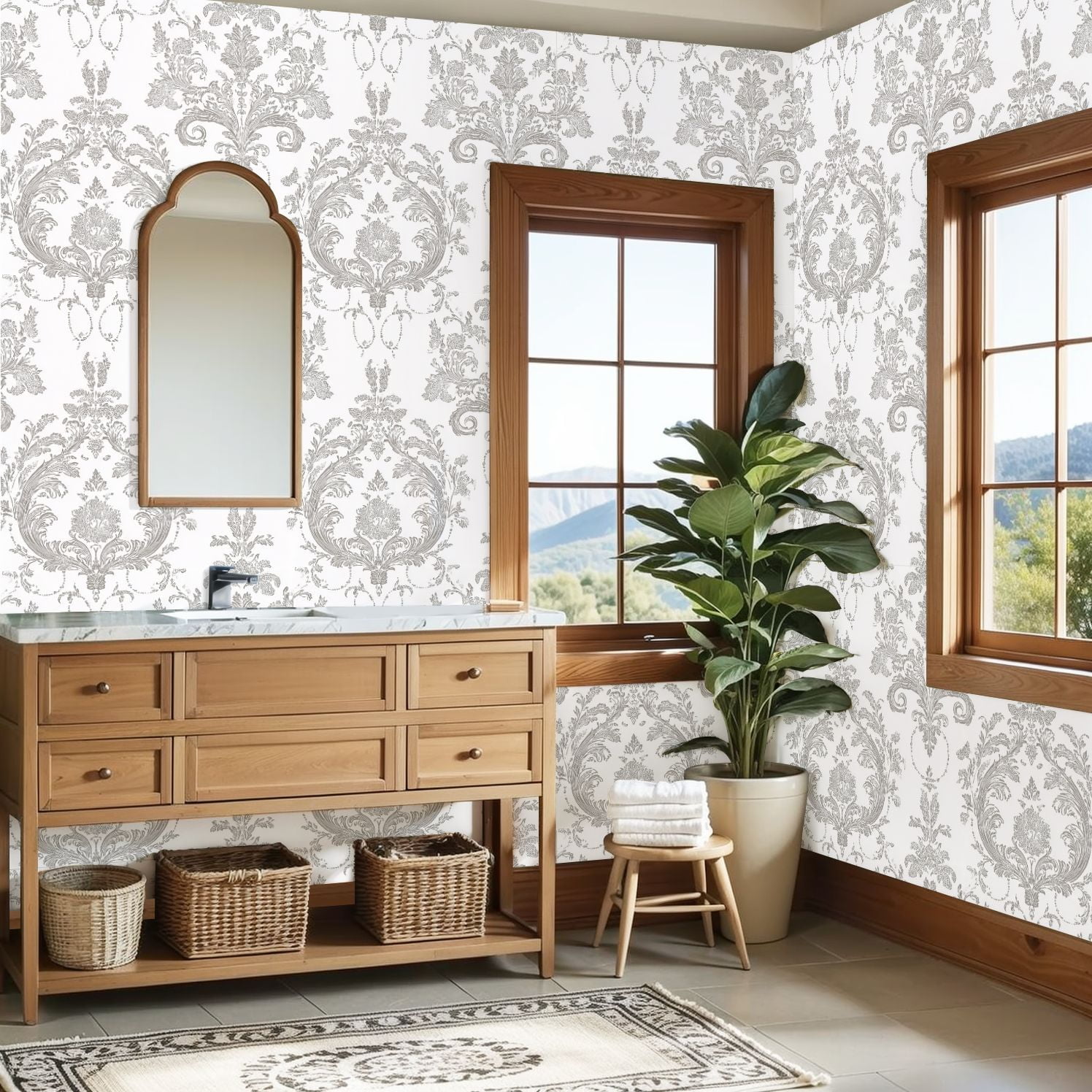 Vintage Peel and Stick Wallpaper 23.6in x 9.8ft Elegant Grey Floral Damask Ornate Baroque Style Motifs Contact Paper Vinyl Waterproof Self Adhesive Wall Paper for Bedroom Shelf Cabinet