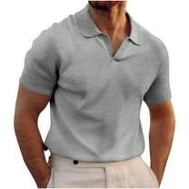 Mens Knitted Polo Shirt Muscle Short Sleeve V Neck Stretch Casual Slim Fit Vintage Ribbed Golf T-Shirt Gray S