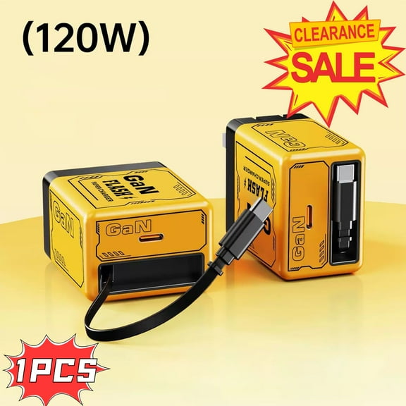2 in 1 GaN Charger 120 Watt Retractable Charger With Type C Cable And USB Ports Portable Fast Charging Wall Plug Scalable Fast Charger Module for Phone and Laptop, Yellow