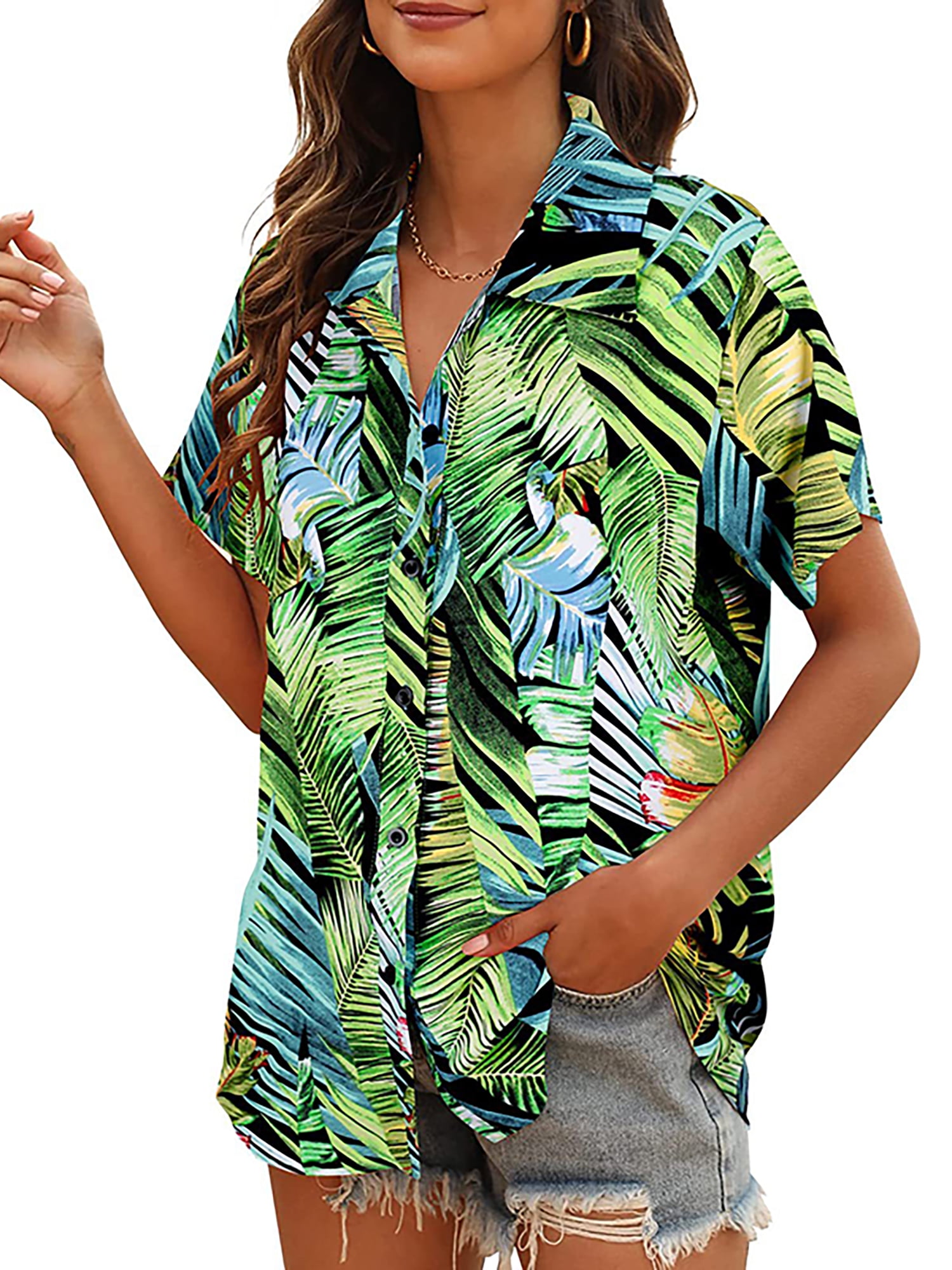 Capreze Women Hawaiian Button Down Blouse Floral Tropic Print Shirts ...