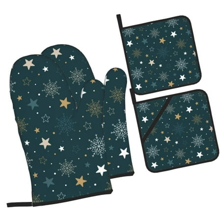 

Sikiie Christmas Snowflake Oven Mitts and Pot Holders Silicone Oven Gloves Heat Resistant Oven Mitts 4Pcs Set