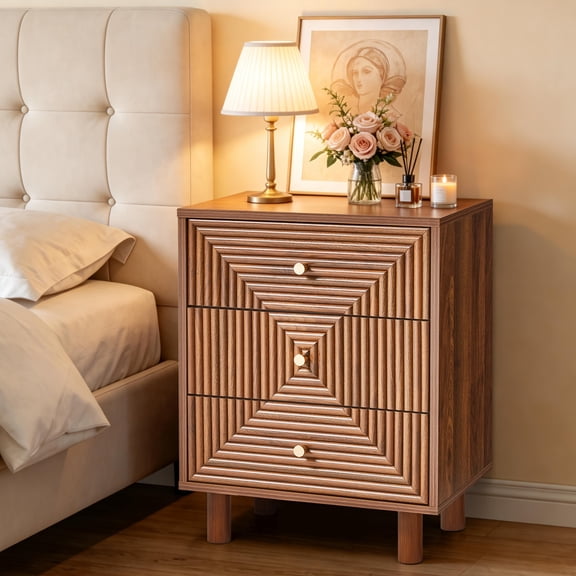 CozyHome 3-Drawer Nightstand with Solid Wood Legs and Gold Handles, for Bedroom, Living Room, Entryway, Brown