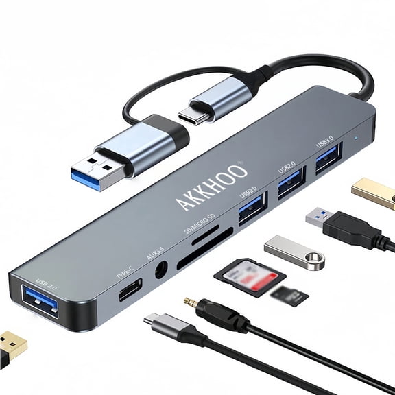 AKKHOO Docking Station for Laptop,8-in-2 USB C Hub Adapter,USB 3.0/2.0, SD/TF Card Reader,3.5mm Aux,Audio for MacBook/Dell/HP