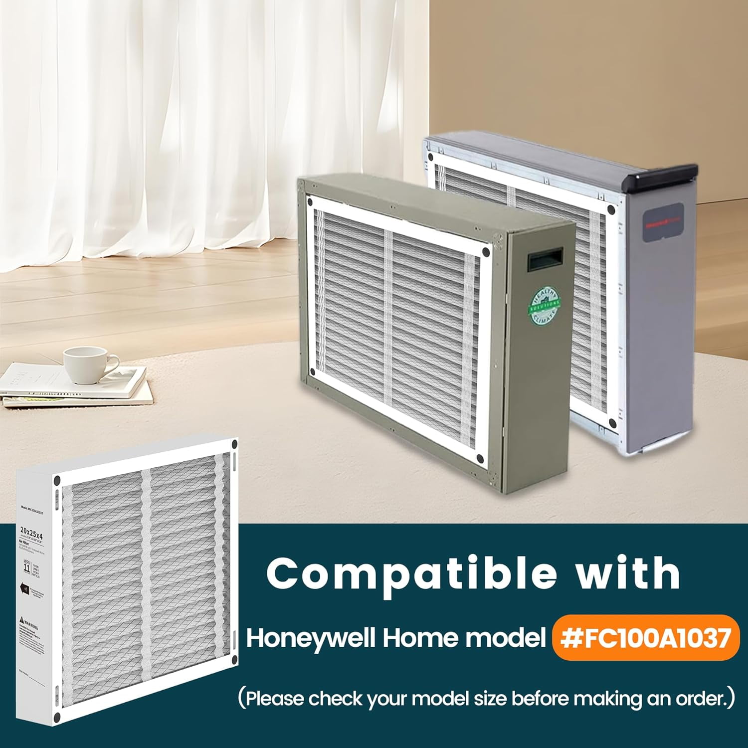 20x25x4 Air Filter Replacement, Compatible with Honeywell FC100A1037 HVAC AC Furnace MERV 11 Filters, Actual Size: 19.75’’x24.88’’x 4.38’’-2PACK