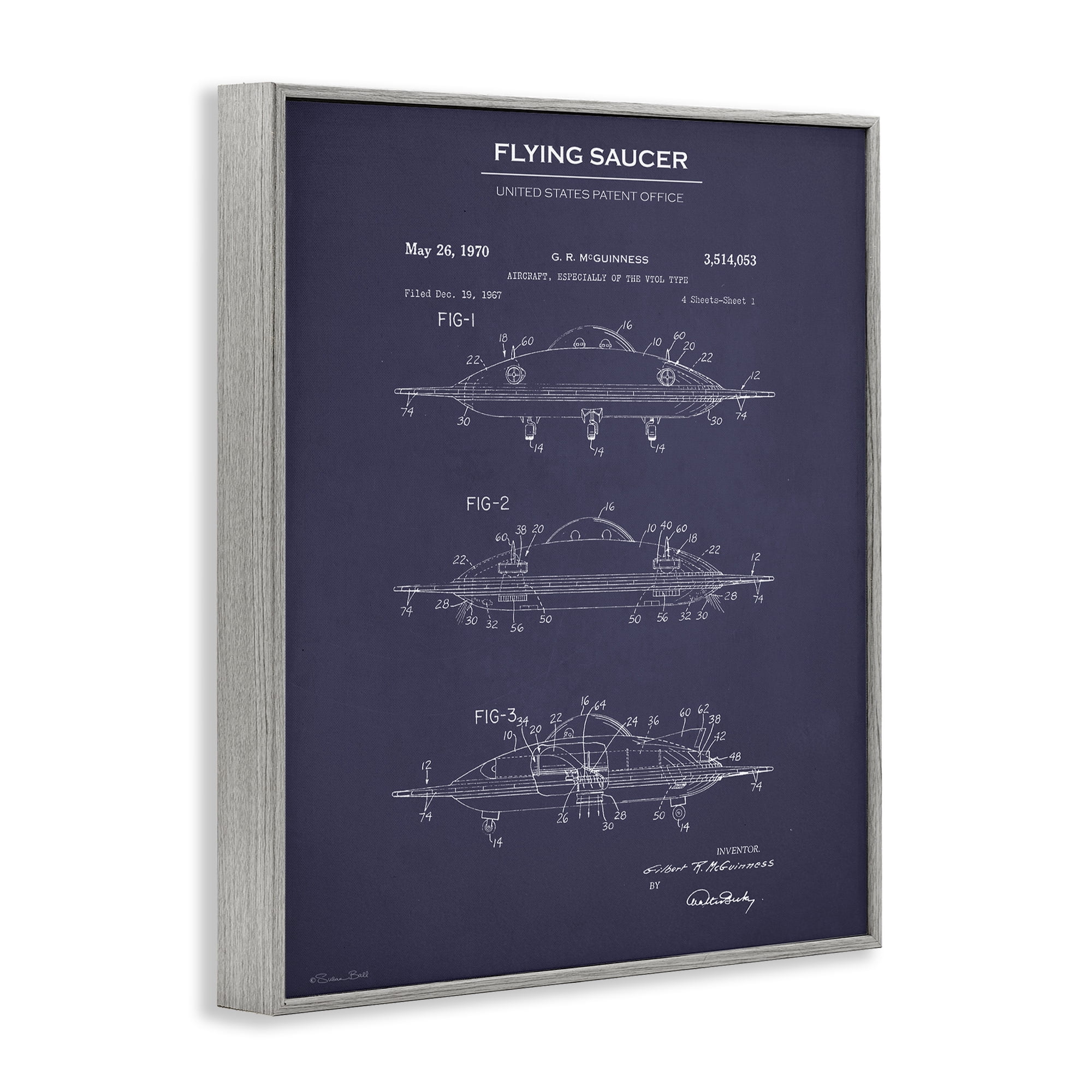 Stupell Industries Flying Saucer Blueprint Transportation Painting Gray Framed Art Print Wall Art, 11 x 14